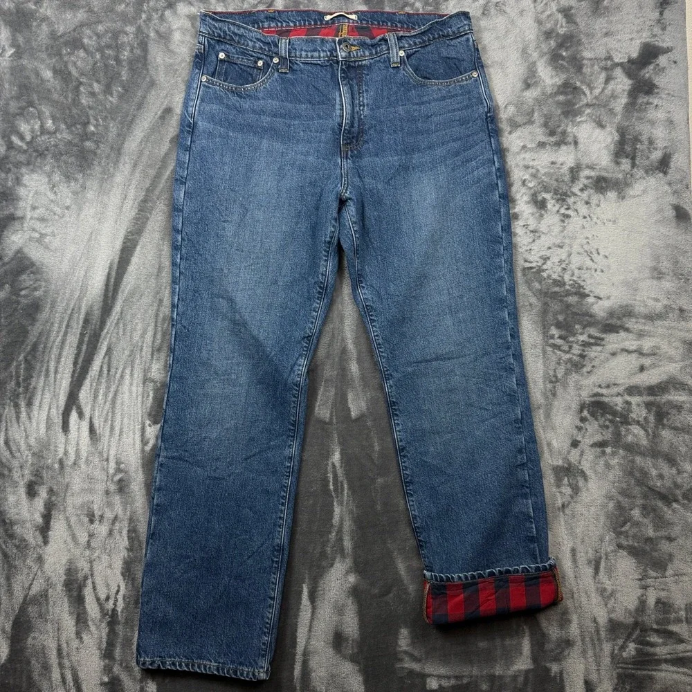 L.L. Bean Jeans Mens 36x32 Blue Flannel Lined Buffalo Plaid Standard Fit